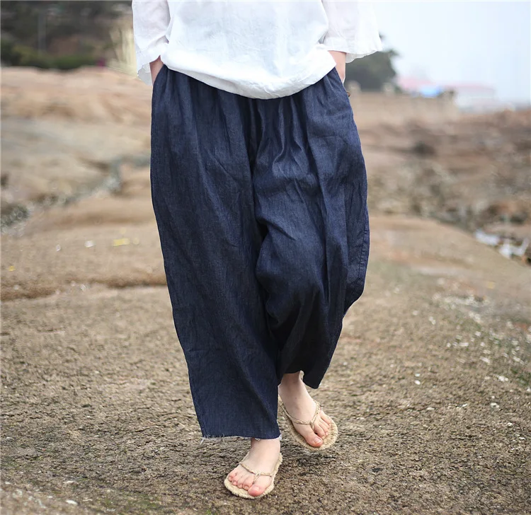 Johnature 2025 New Women Dark Blue Jeans Mid Elastic Waist Pants Summer Solid Color Loose Vintage Ankle-Length Pants