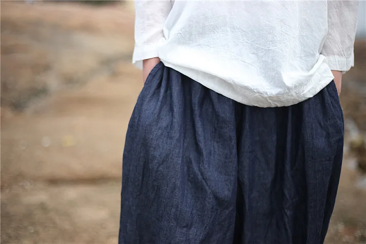 Johnature 2025 New Women Dark Blue Jeans Mid Elastic Waist Pants Summer Solid Color Loose Vintage Ankle-Length Pants