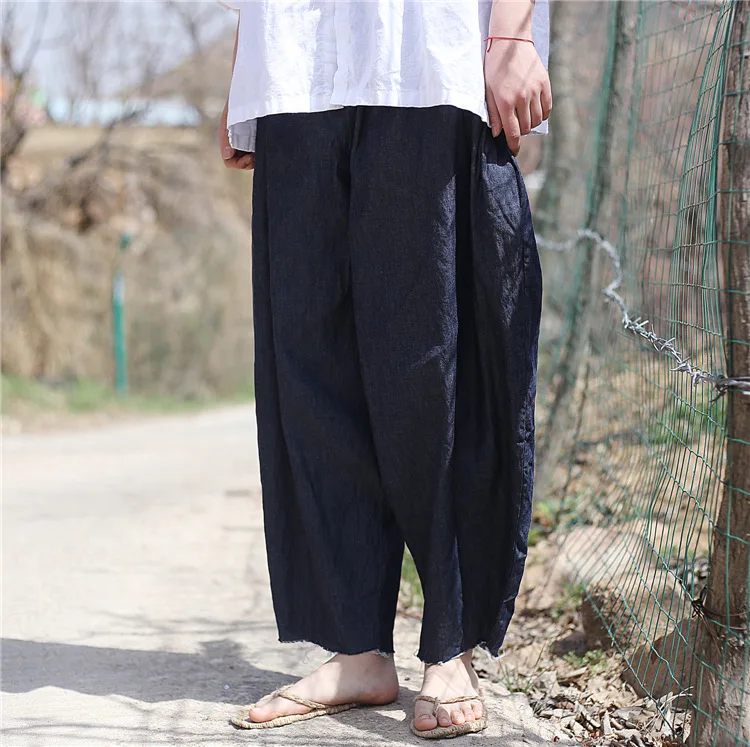 Johnature 2025 New Women Dark Blue Jeans Mid Elastic Waist Pants Summer Solid Color Loose Vintage Ankle-Length Pants