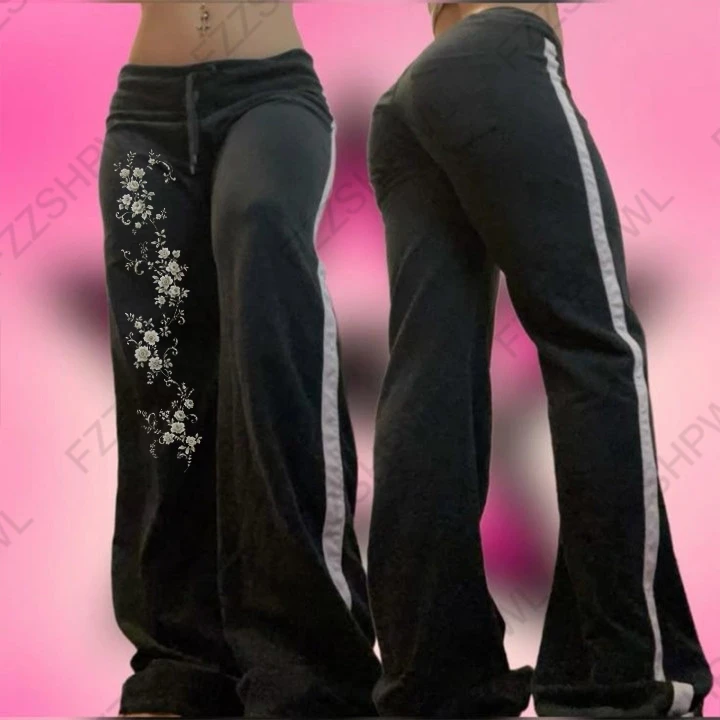 Y2K Pants Flower Streetwear High street Fashion Women Wide leg pants Classic Minimalist Unique Vintage Casual Hip Hop Clothes