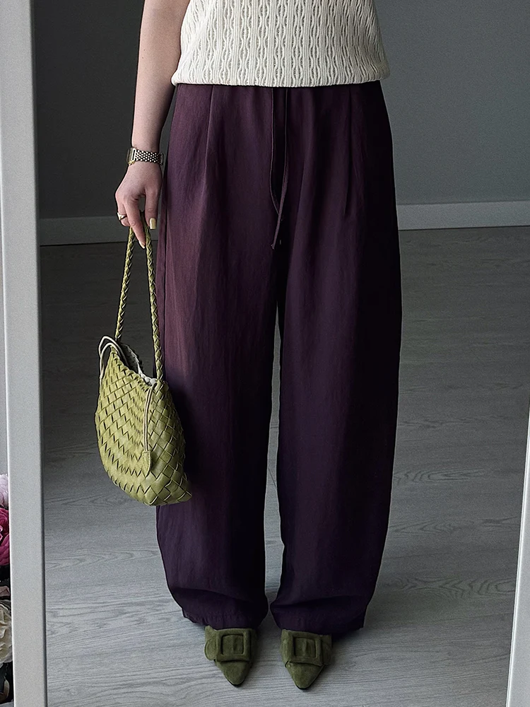 KarSaNy Women Summer Pants Purple Loose High Waist Casual Solid Navy Blue Lyocell Pants Wide Leg Trousers For Women Summer Baggy