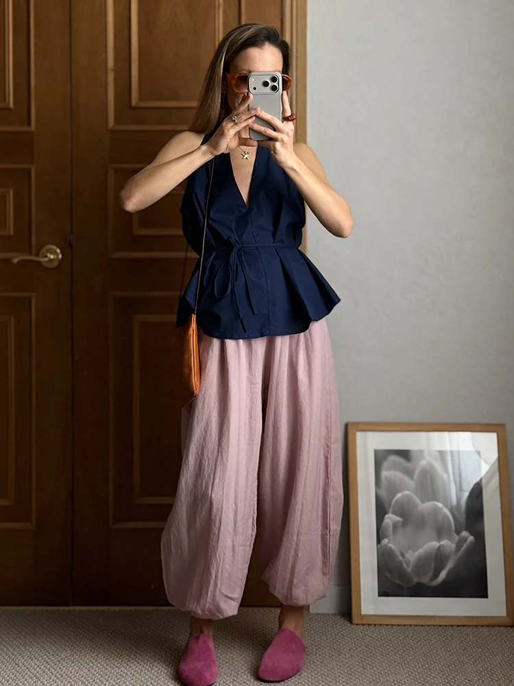 KarSaNy Women Summer Pants Purple Loose High Waist Casual Solid Navy Blue Lyocell Pants Wide Leg Trousers For Women Summer Baggy