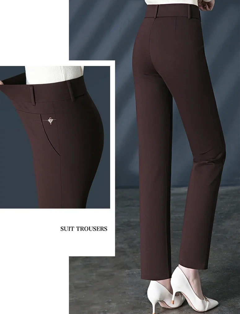 Black Women's High Waist Stretch Suit Pants, Fashion Slim Trousers, Purple Green Brown Pantalones, Asian Size M-6XL