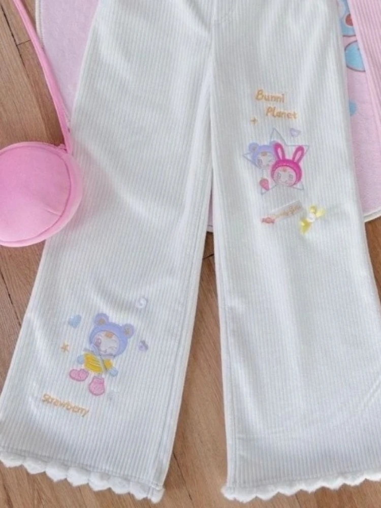 Japanese Cartoon Embroidery Wide Leg Trousers Harajuku Women Grunge Casual Pant Y2k Aesthetic Patchwork Pocket Straight Pants