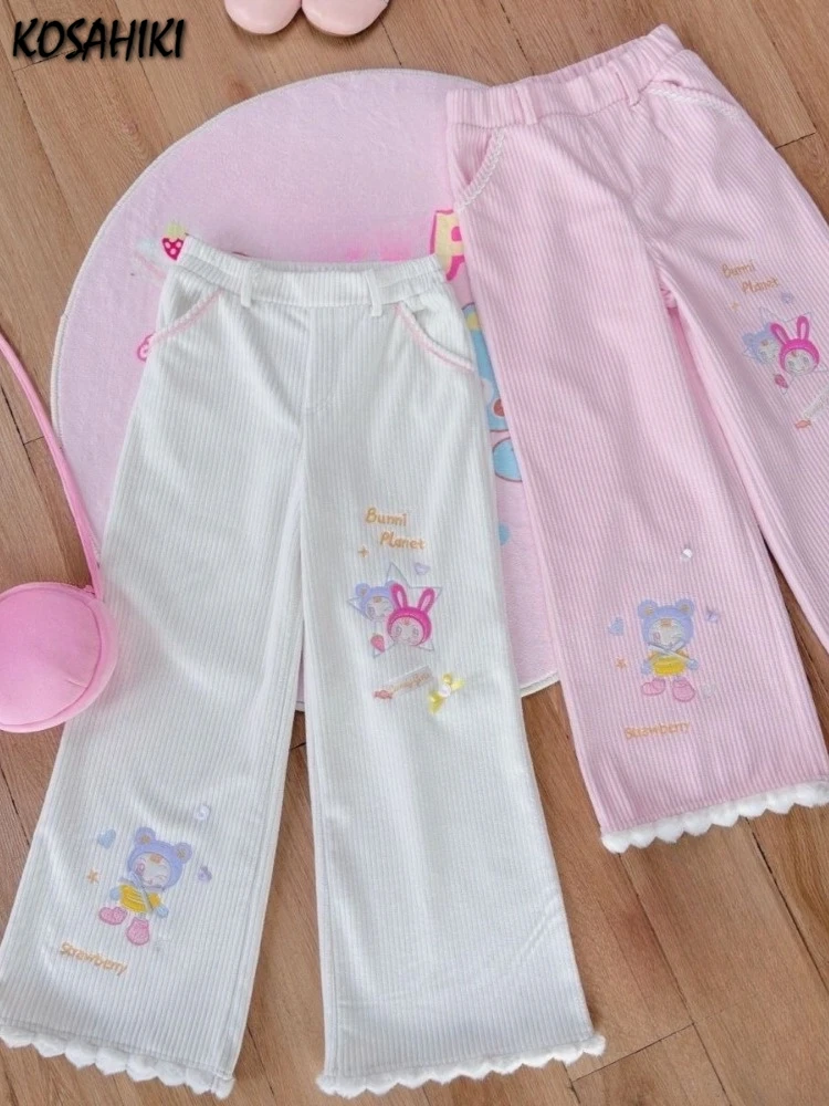 Japanese Cartoon Embroidery Wide Leg Trousers Harajuku Women Grunge Casual Pant Y2k Aesthetic Patchwork Pocket Straight Pants