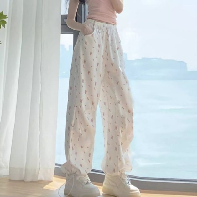 American Casual White Flower Print Cargo Pants 2026 Autumn New High Waist Y2k E-Girl Straight Wide Leg Women