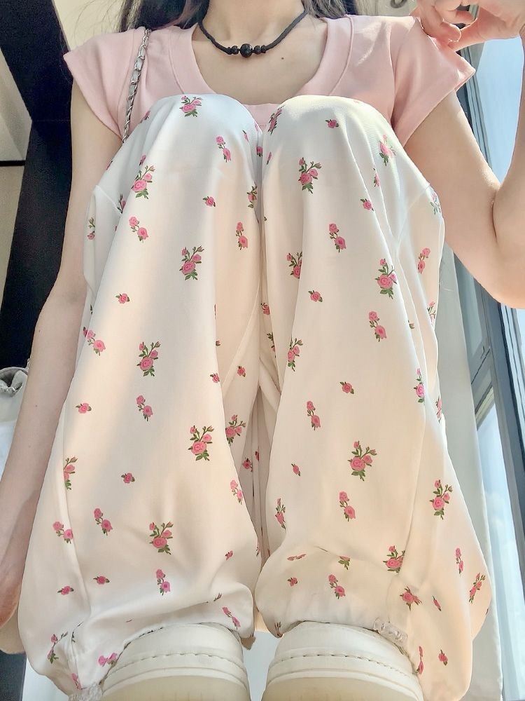American Casual White Flower Print Cargo Pants 2026 Autumn New High Waist Y2k E-Girl Straight Wide Leg Women