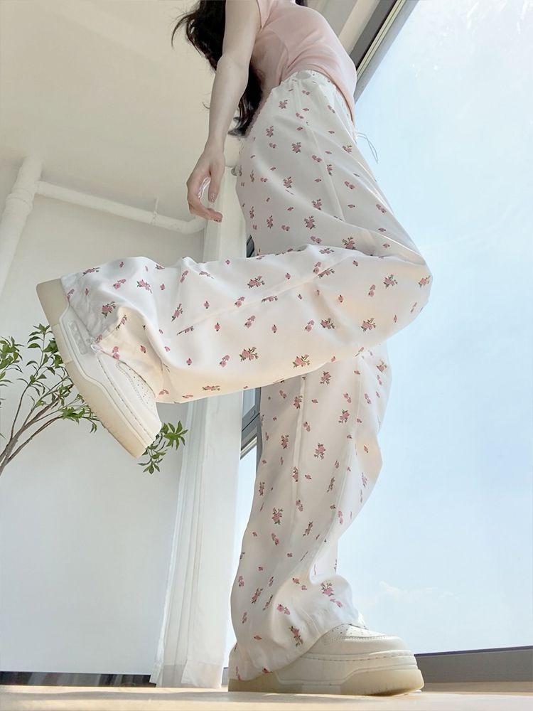 American Casual White Flower Print Cargo Pants 2026 Autumn New High Waist Y2k E-Girl Straight Wide Leg Women
