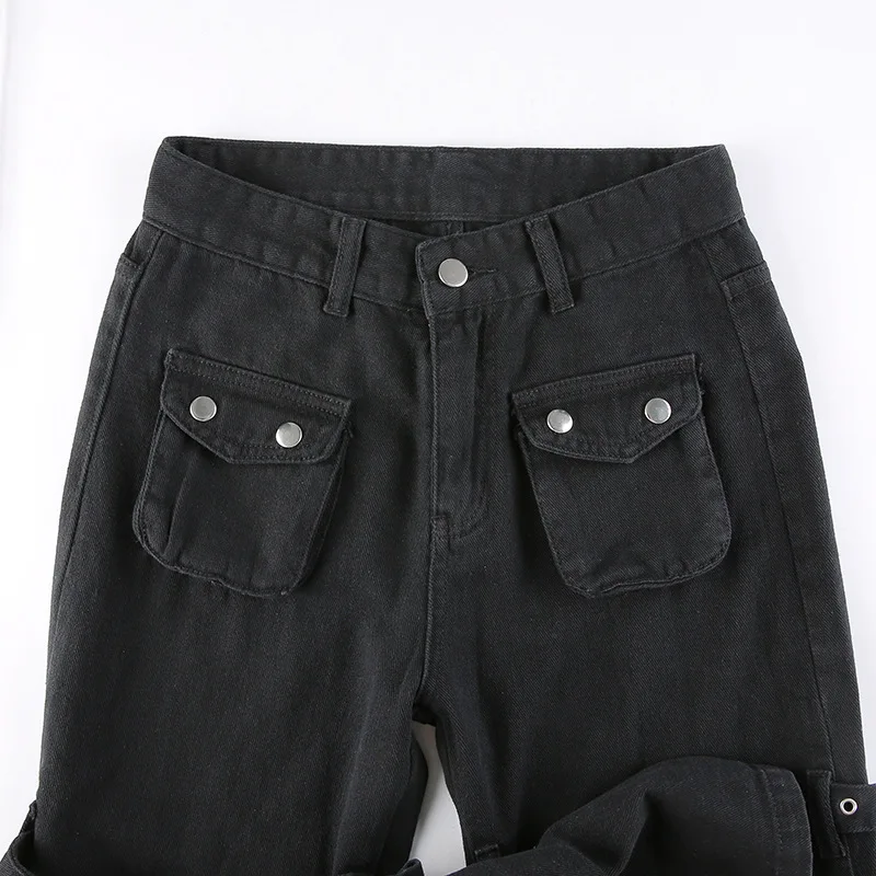 Eyelet Buckle Cyber Punk Goth Baggy Jeans Y2K Woman Techwear Dark Academic Solid E Girl Cargo Pants Denim Gothic Hippie Trousers