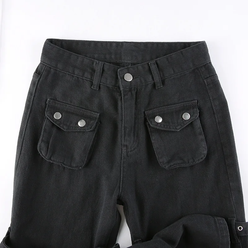 Eyelet Buckle Cyber Punk Goth Baggy Jeans Y2K Woman Techwear Dark Academic Solid E Girl Cargo Pants Denim Gothic Hippie Trousers