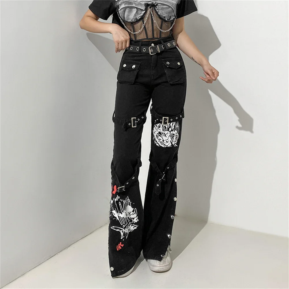 Eyelet Buckle Cyber Punk Goth Baggy Jeans Y2K Woman Techwear Dark Academic Solid E Girl Cargo Pants Denim Gothic Hippie Trousers