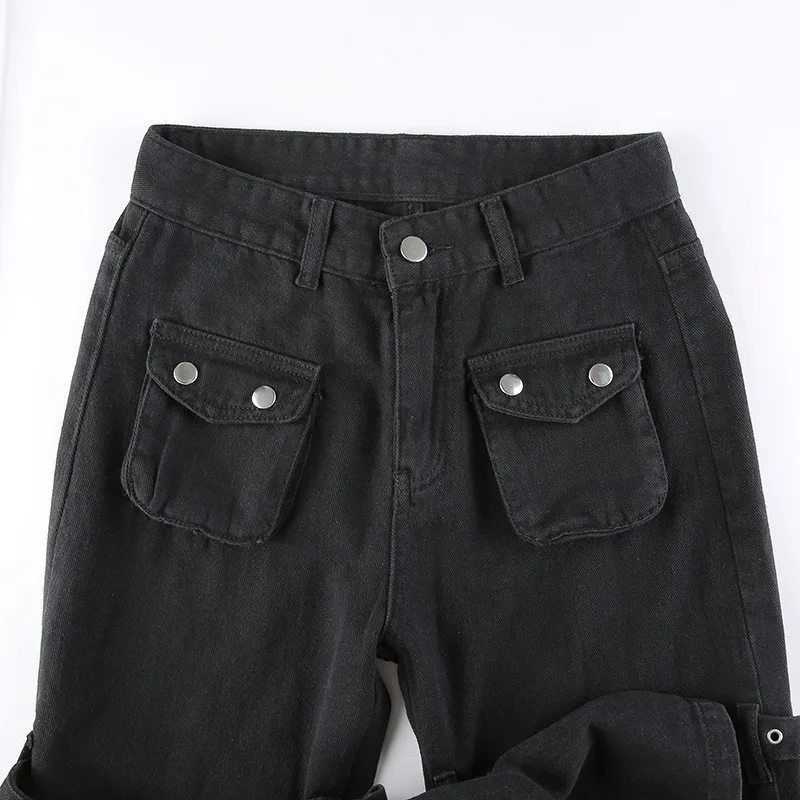 Eyelet Buckle Cyber Punk Goth Baggy Jeans Y2K Woman Techwear Dark Academic Solid E Girl Cargo Pants Denim Gothic Hippie Trousers