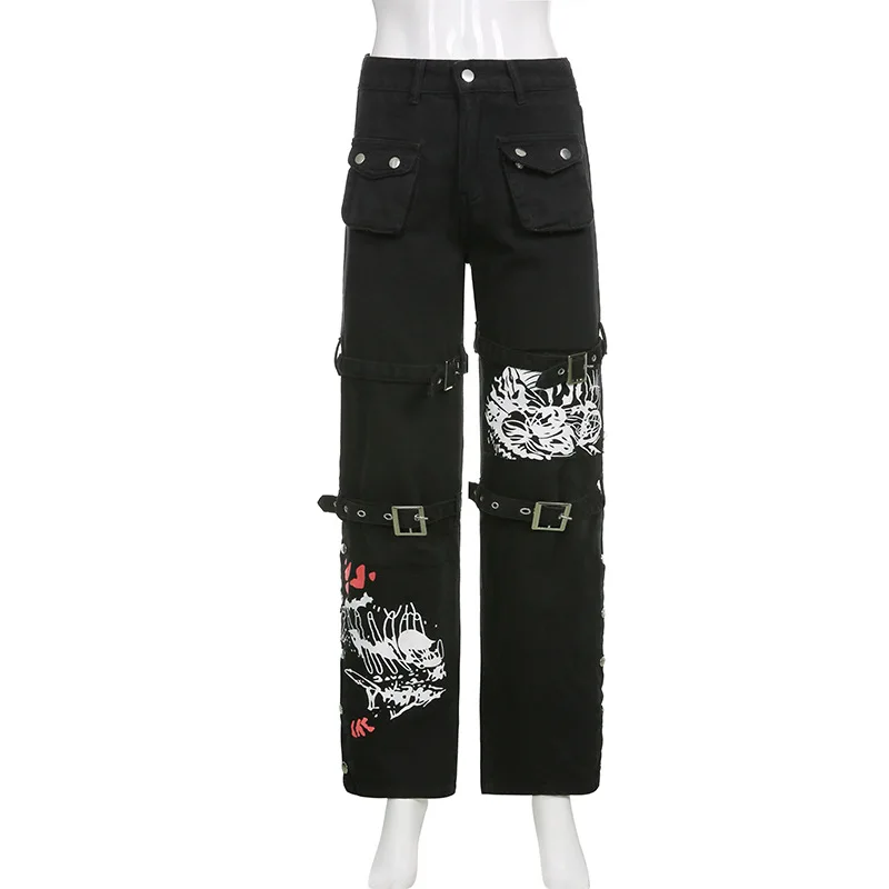 Eyelet Buckle Cyber Punk Goth Baggy Jeans Y2K Woman Techwear Dark Academic Solid E Girl Cargo Pants Denim Gothic Hippie Trousers