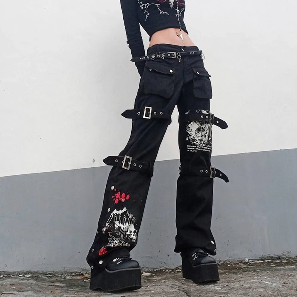 Eyelet Buckle Cyber Punk Goth Baggy Jeans Y2K Woman Techwear Dark Academic Solid E Girl Cargo Pants Denim Gothic Hippie Trousers