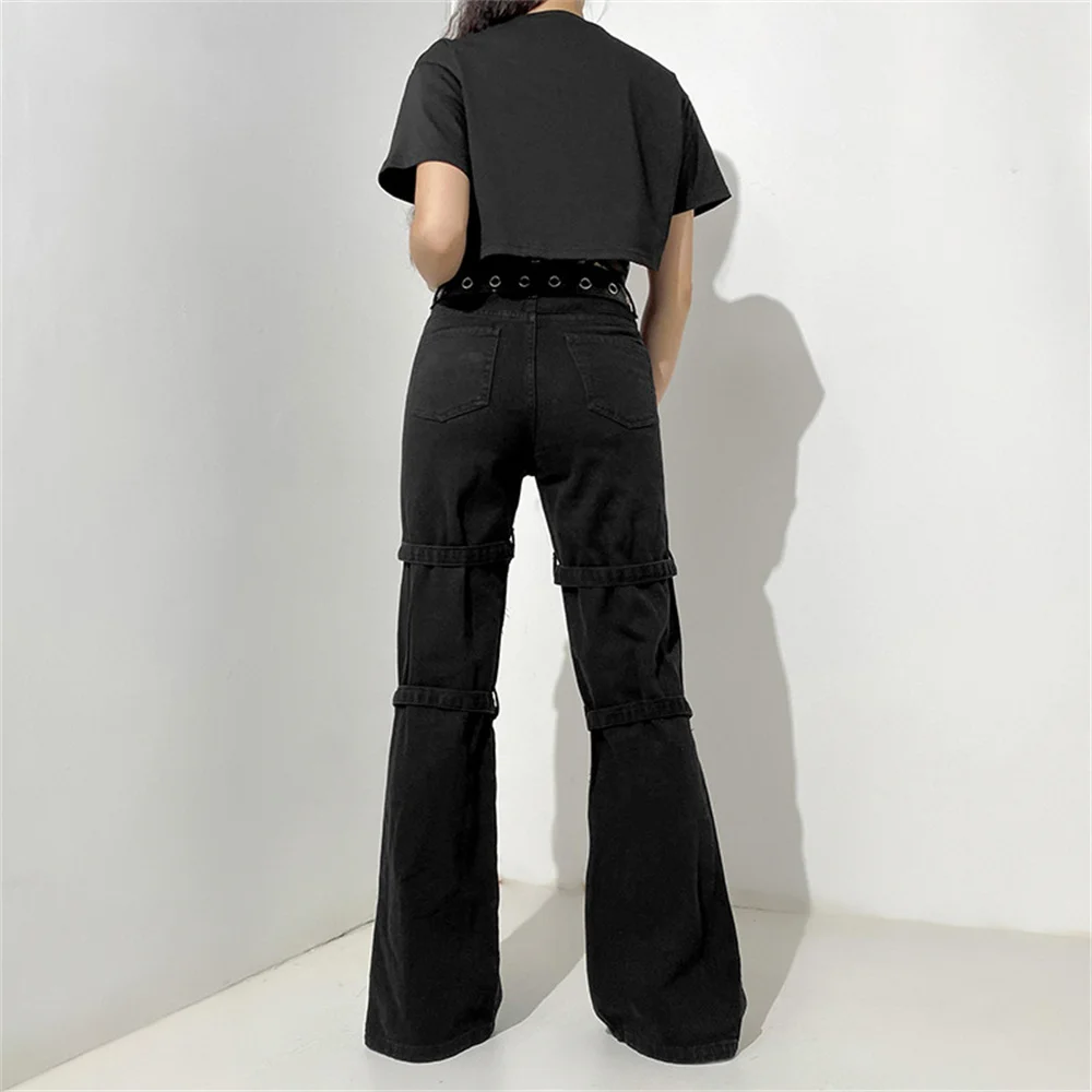 Eyelet Buckle Cyber Punk Goth Baggy Jeans Y2K Woman Techwear Dark Academic Solid E Girl Cargo Pants Denim Gothic Hippie Trousers
