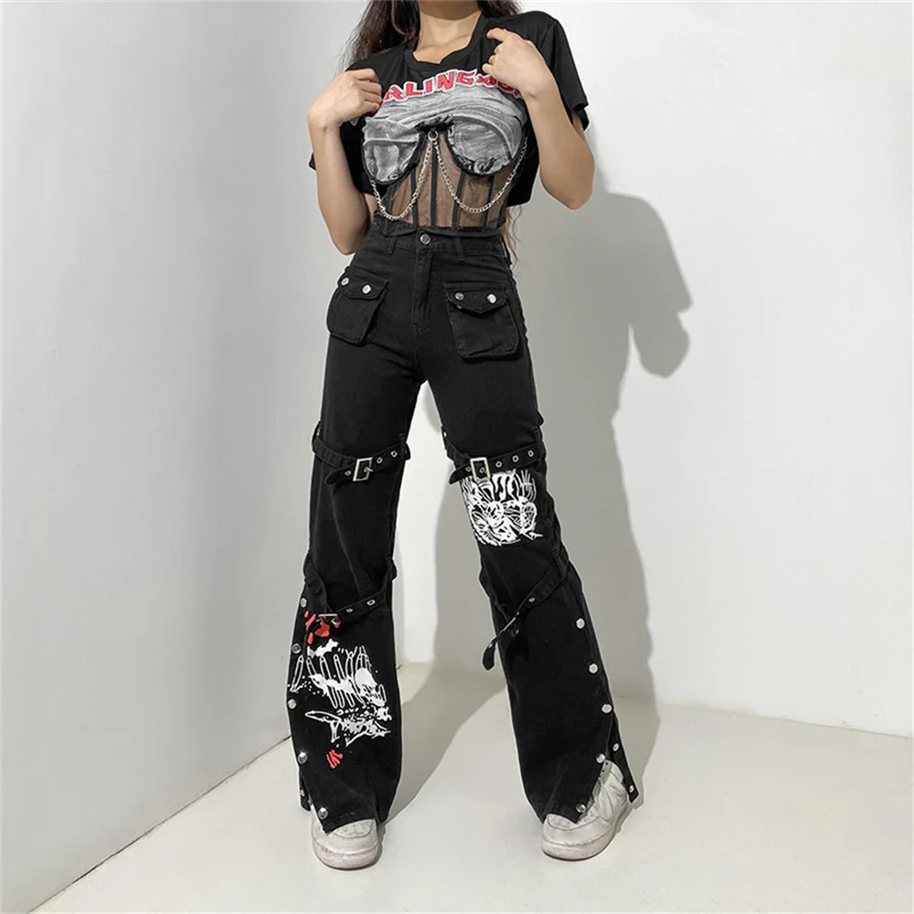Eyelet Buckle Cyber Punk Goth Baggy Jeans Y2K Woman Techwear Dark Academic Solid E Girl Cargo Pants Denim Gothic Hippie Trousers