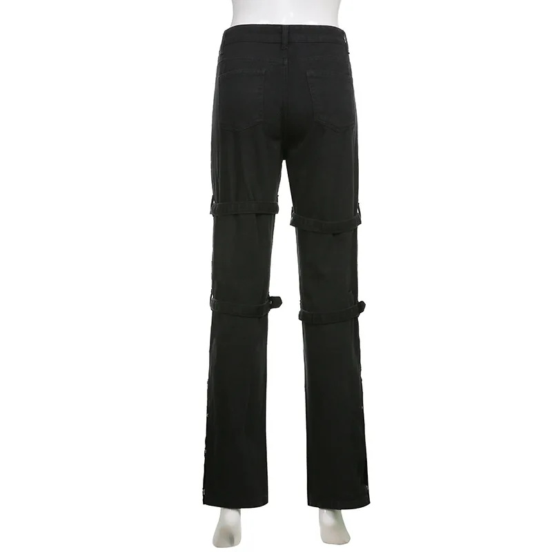 Eyelet Buckle Cyber Punk Goth Baggy Jeans Y2K Woman Techwear Dark Academic Solid E Girl Cargo Pants Denim Gothic Hippie Trousers