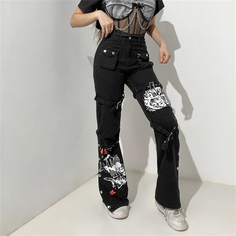 Eyelet Buckle Cyber Punk Goth Baggy Jeans Y2K Woman Techwear Dark Academic Solid E Girl Cargo Pants Denim Gothic Hippie Trousers