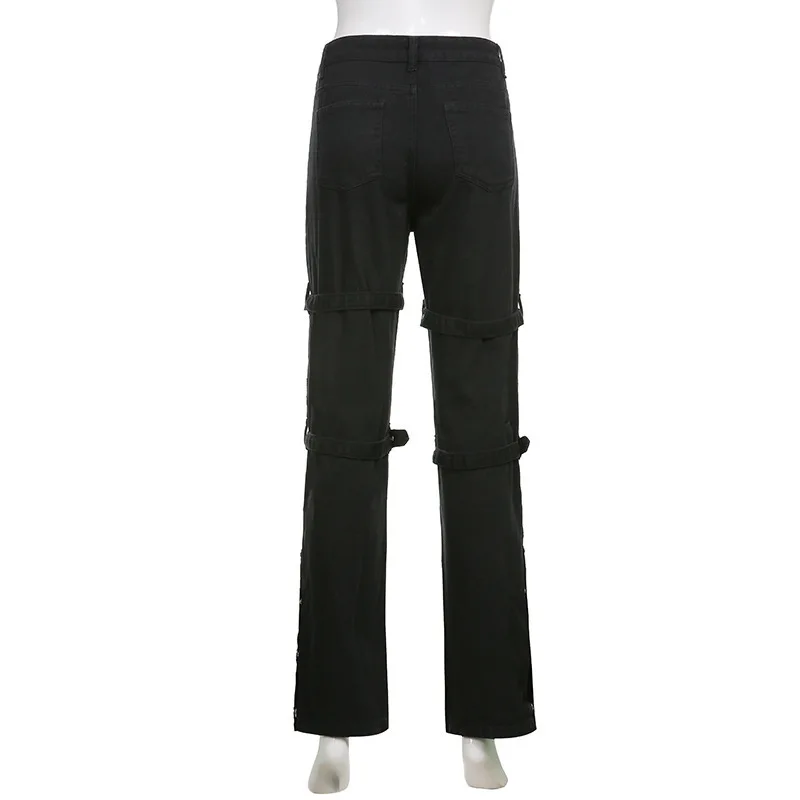 Eyelet Buckle Cyber Punk Goth Baggy Jeans Y2K Woman Techwear Dark Academic Solid E Girl Cargo Pants Denim Gothic Hippie Trousers