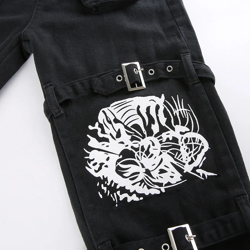 Eyelet Buckle Cyber Punk Goth Baggy Jeans Y2K Woman Techwear Dark Academic Solid E Girl Cargo Pants Denim Gothic Hippie Trousers