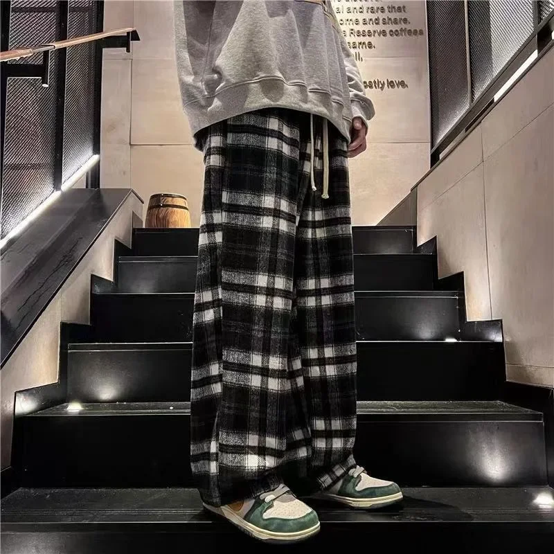 Casual Plaid Pants Men's and Women's Autumn American Retro Office Lady Straight Leg Loose Full Length Versatile Pant Female