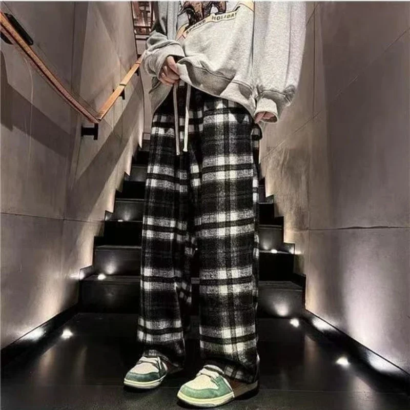 Casual Plaid Pants Men's and Women's Autumn American Retro Office Lady Straight Leg Loose Full Length Versatile Pant Female