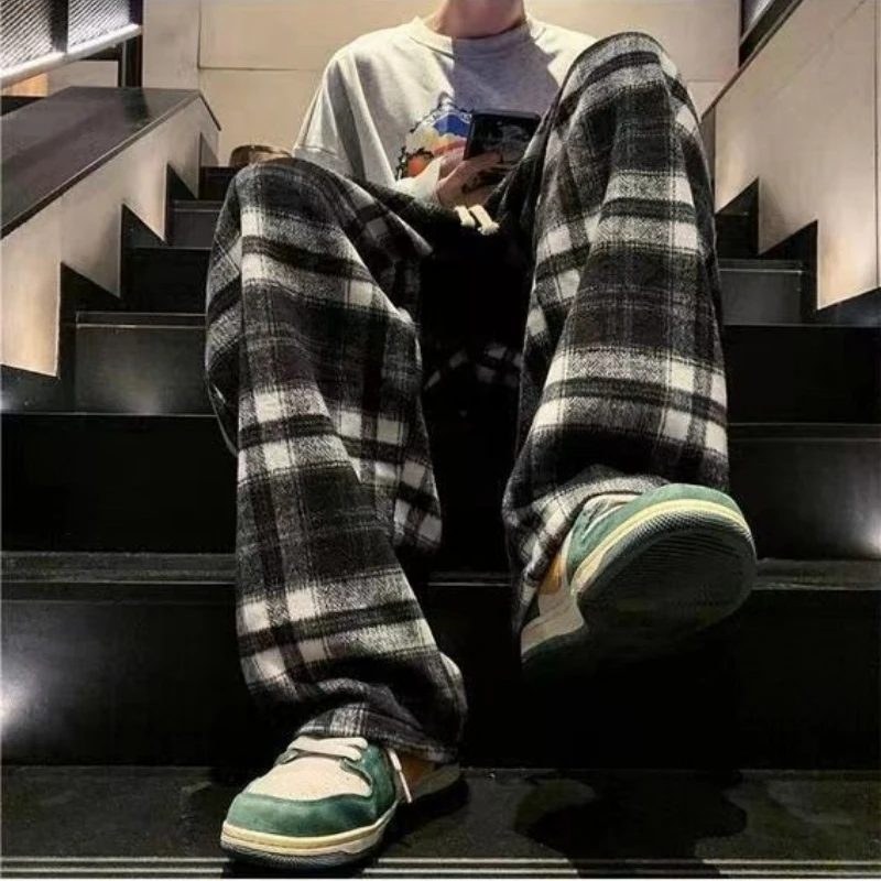 Casual Plaid Pants Men's and Women's Autumn American Retro Office Lady Straight Leg Loose Full Length Versatile Pant Female