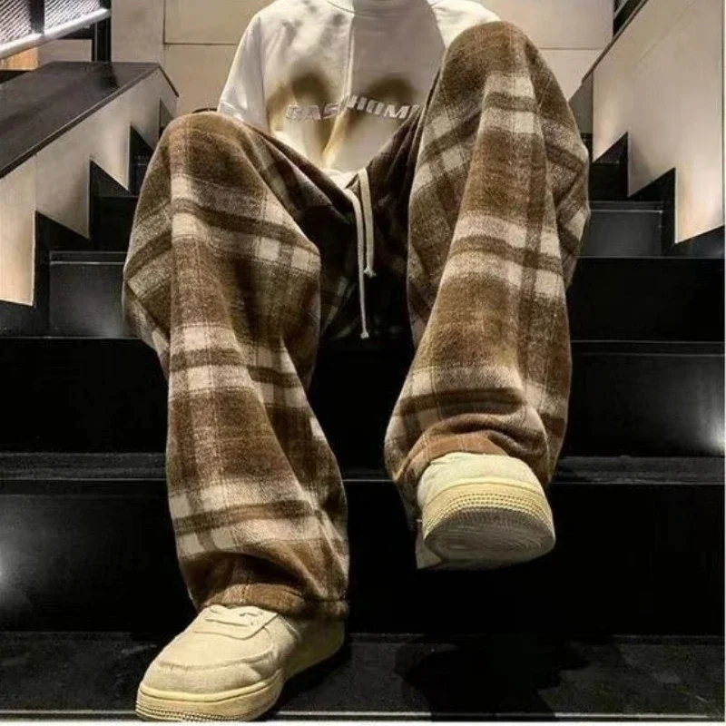 Casual Plaid Pants Men's and Women's Autumn American Retro Office Lady Straight Leg Loose Full Length Versatile Pant Female