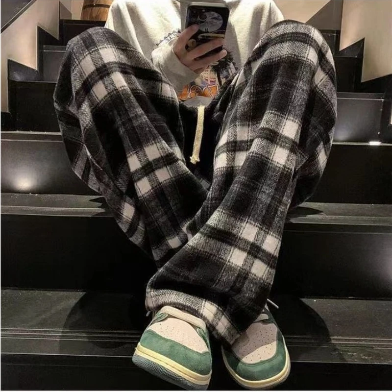 Casual Plaid Pants Men's and Women's Autumn American Retro Office Lady Straight Leg Loose Full Length Versatile Pant Female