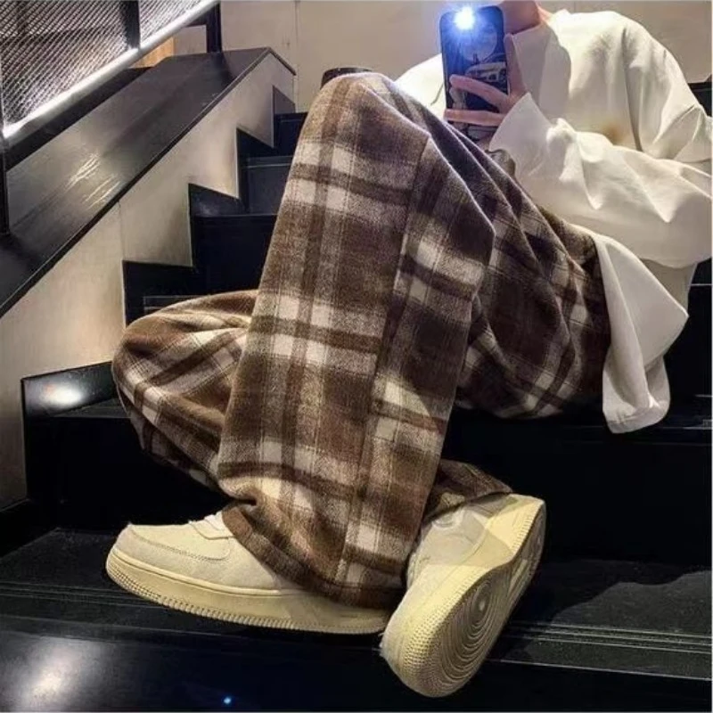 Casual Plaid Pants Men's and Women's Autumn American Retro Office Lady Straight Leg Loose Full Length Versatile Pant Female