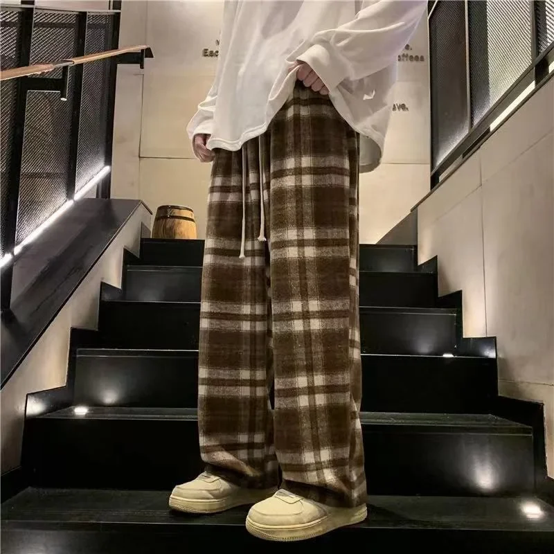 Casual Plaid Pants Men's and Women's Autumn American Retro Office Lady Straight Leg Loose Full Length Versatile Pant Female