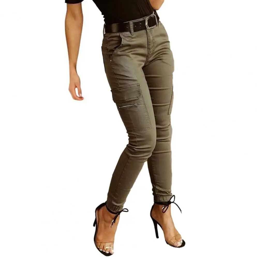 2026 New Woman Work Trousers Spring Autumn Casual Multi-Pocket Tight Foot Trousers Low-waist Button Solid Color Women's Leggings