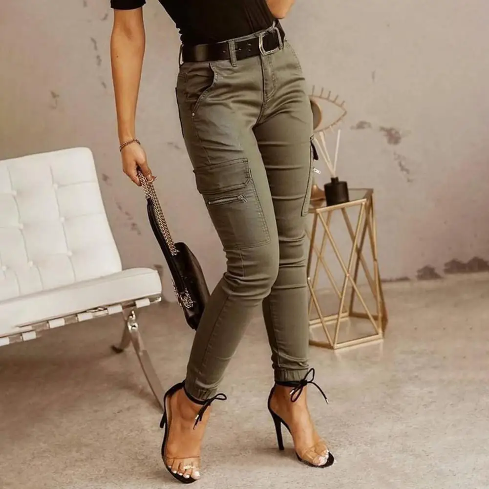 2026 New Woman Work Trousers Spring Autumn Casual Multi-Pocket Tight Foot Trousers Low-waist Button Solid Color Women's Leggings