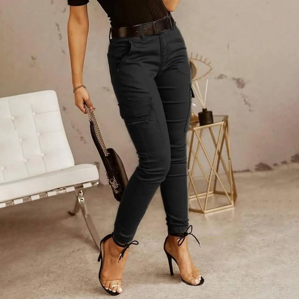 2026 New Woman Work Trousers Spring Autumn Casual Multi-Pocket Tight Foot Trousers Low-waist Button Solid Color Women's Leggings