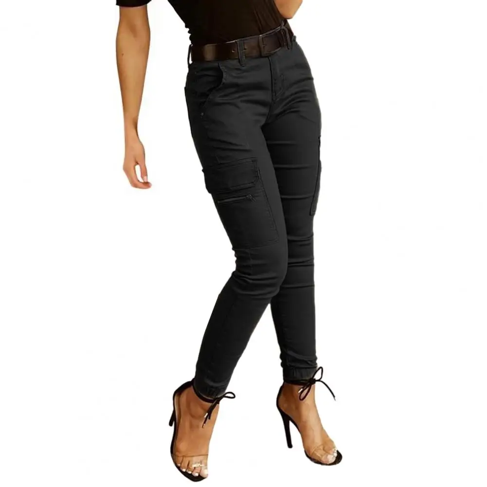 2026 New Woman Work Trousers Spring Autumn Casual Multi-Pocket Tight Foot Trousers Low-waist Button Solid Color Women's Leggings