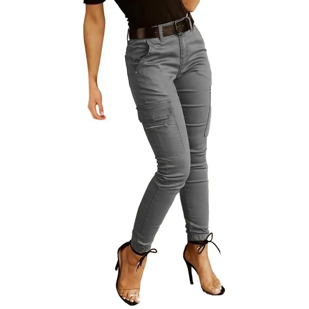 2026 New Woman Work Trousers Spring Autumn Casual Multi-Pocket Tight Foot Trousers Low-waist Button Solid Color Women's Leggings