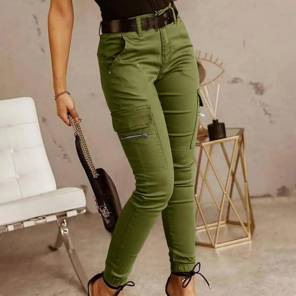 2026 New Woman Work Trousers Spring Autumn Casual Multi-Pocket Tight Foot Trousers Low-waist Button Solid Color Women's Leggings