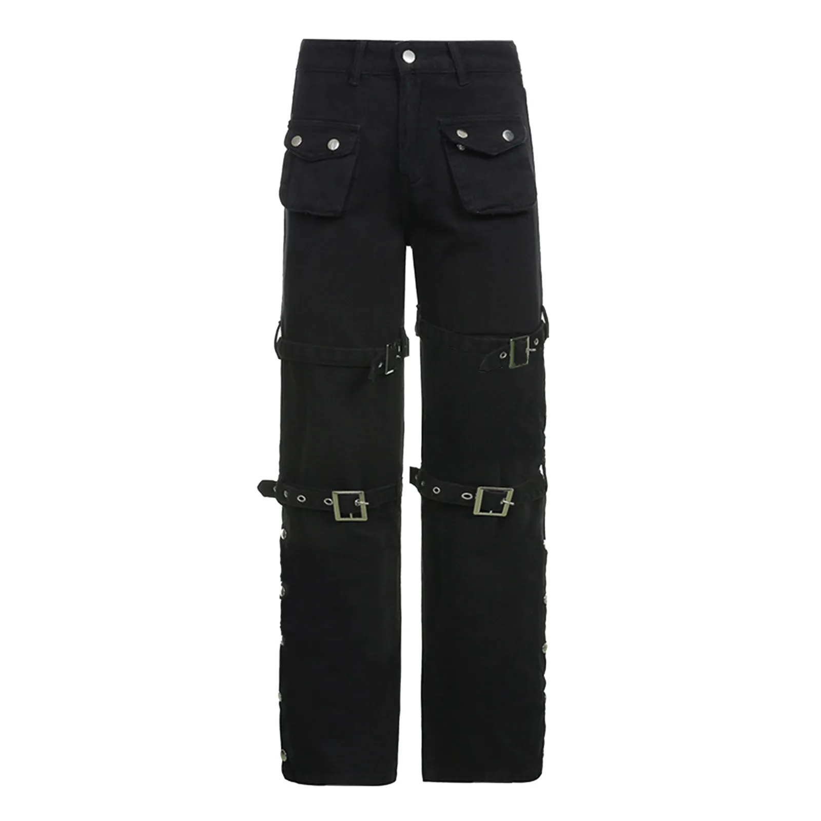 Women'S Fashion Punk Straight Streetwear Long Casual Pants Goth Baggy Wide Cargo Trousers Soild-Color Elegant Slacks Ropa Mujer