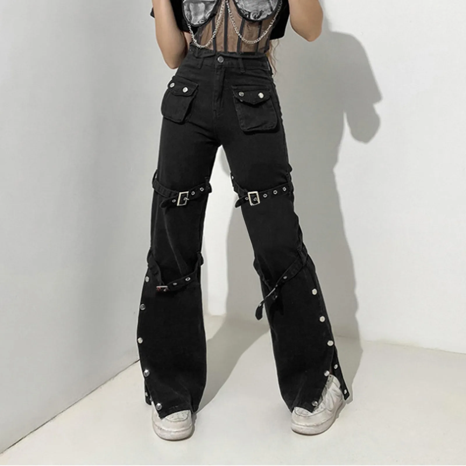Women'S Fashion Punk Straight Streetwear Long Casual Pants Goth Baggy Wide Cargo Trousers Soild-Color Elegant Slacks Ropa Mujer