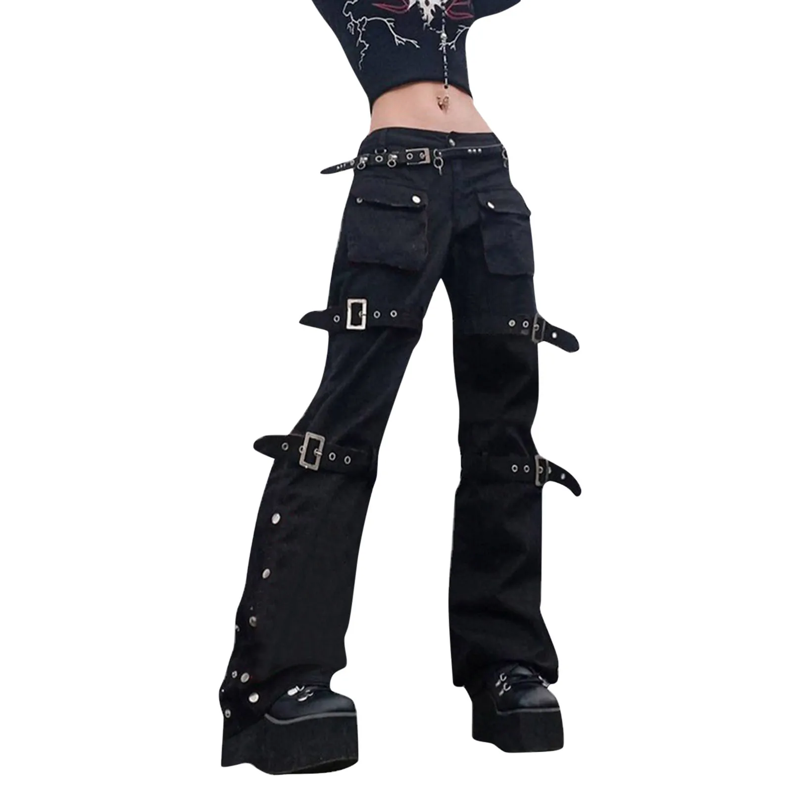 Women'S Fashion Punk Straight Streetwear Long Casual Pants Goth Baggy Wide Cargo Trousers Soild-Color Elegant Slacks Ropa Mujer