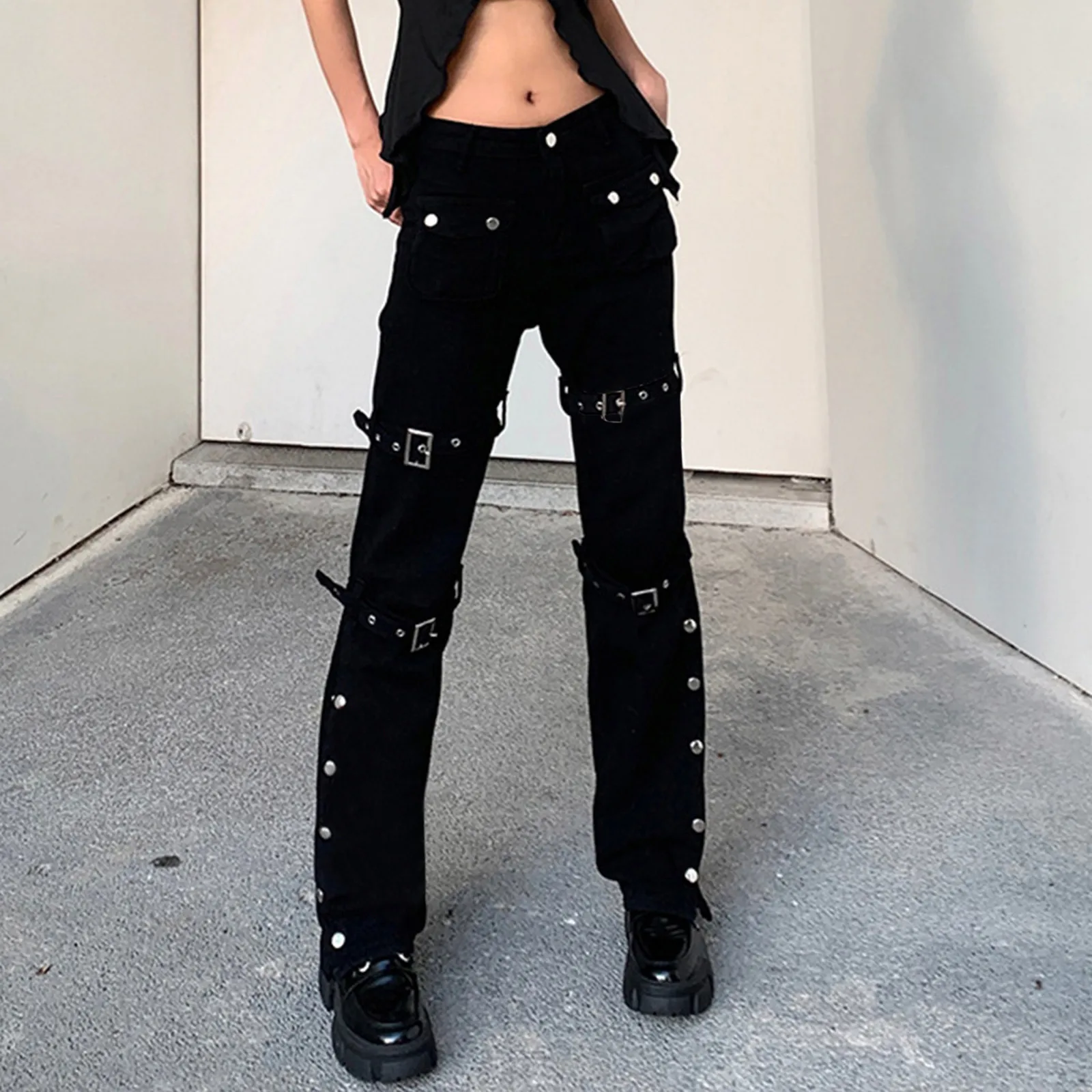Women'S Fashion Punk Straight Streetwear Long Casual Pants Goth Baggy Wide Cargo Trousers Soild-Color Elegant Slacks Ropa Mujer