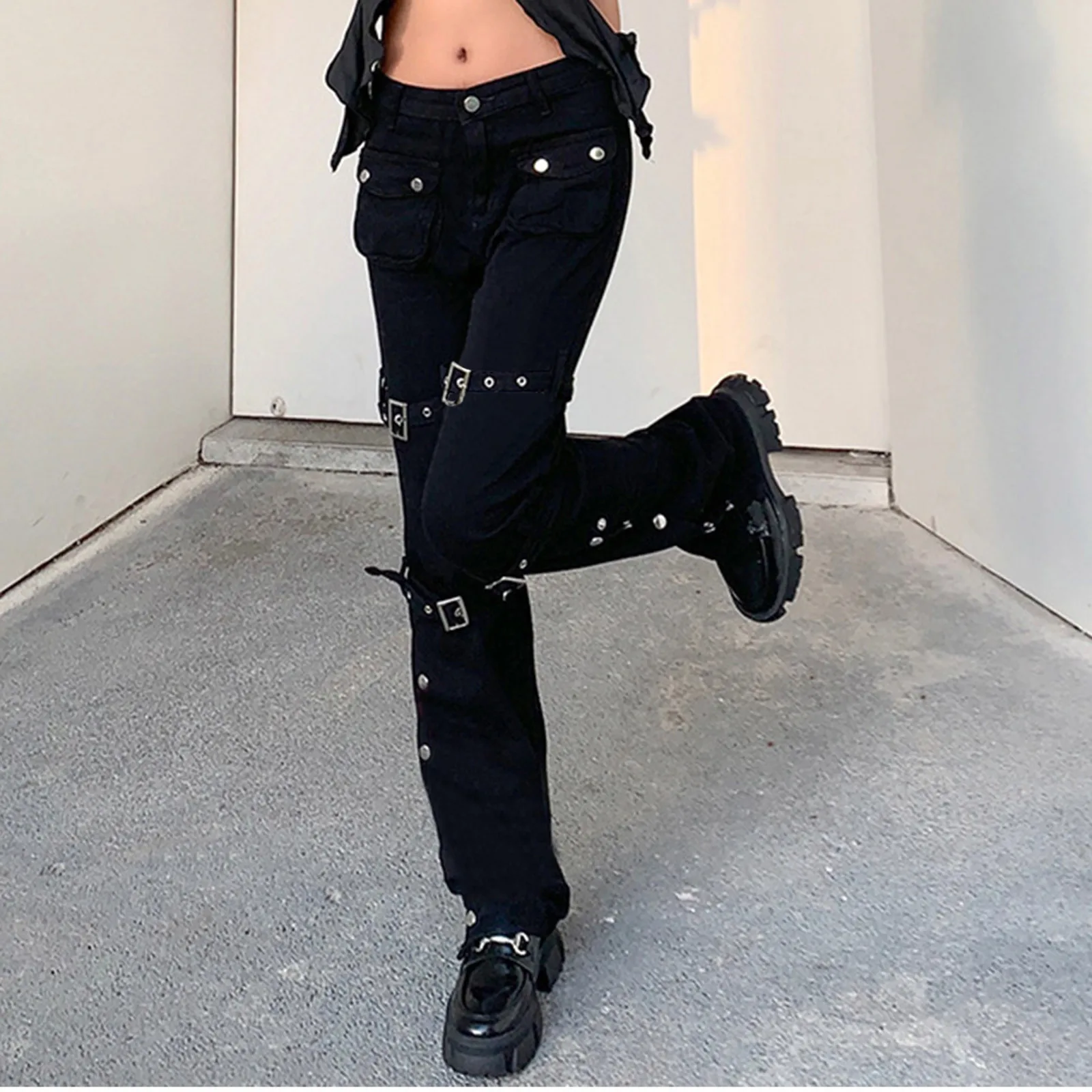 Women'S Fashion Punk Straight Streetwear Long Casual Pants Goth Baggy Wide Cargo Trousers Soild-Color Elegant Slacks Ropa Mujer