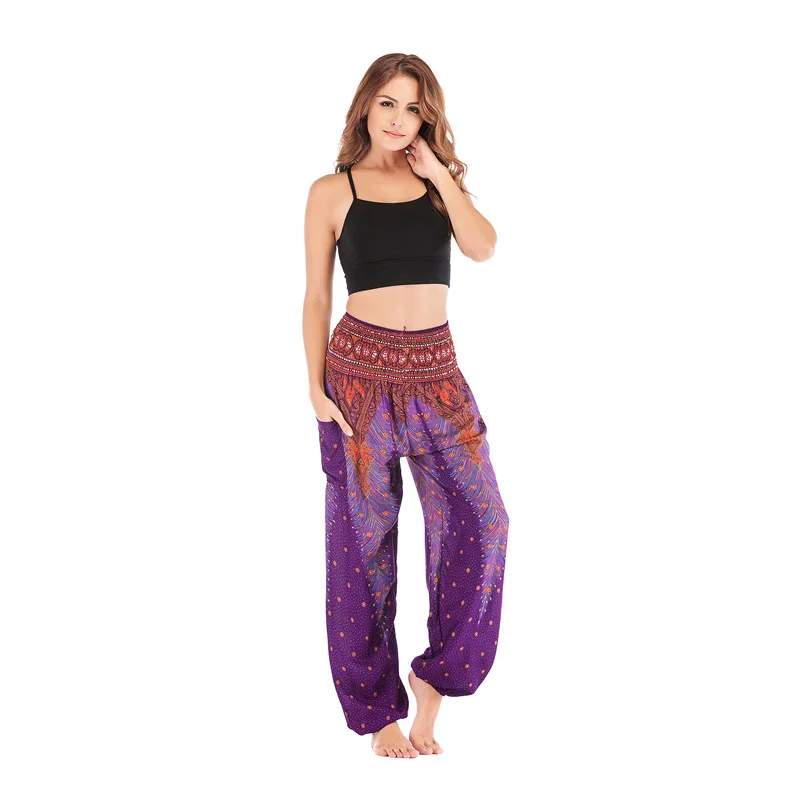 Women Casual Thai Harem Pants Baggy Boho Loose Printed Summer Beach Workout Pants Female Wide Leg High Waist Lantern Trousers