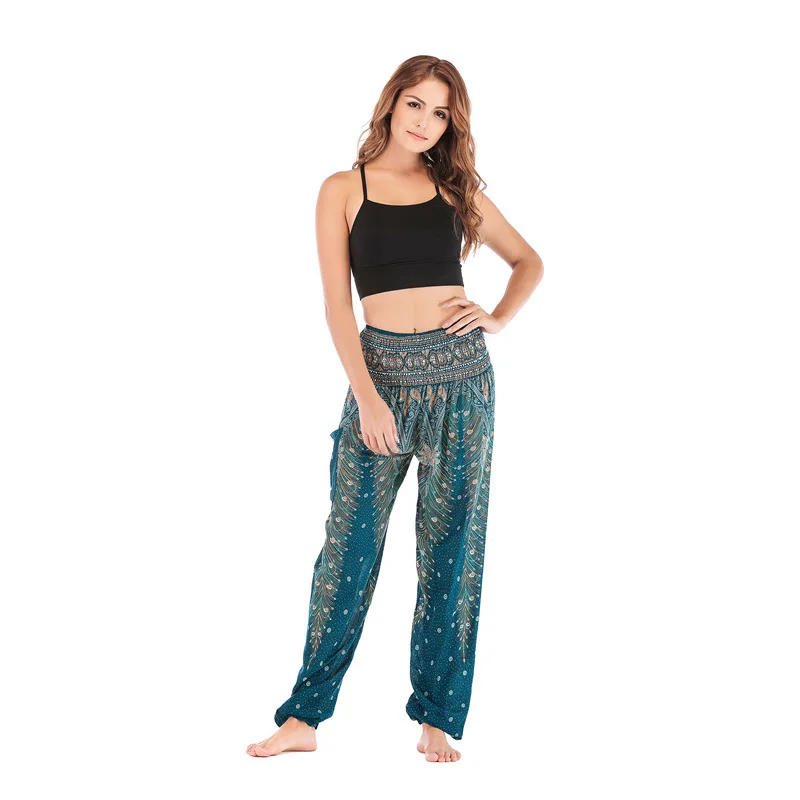 Women Casual Thai Harem Pants Baggy Boho Loose Printed Summer Beach Workout Pants Female Wide Leg High Waist Lantern Trousers