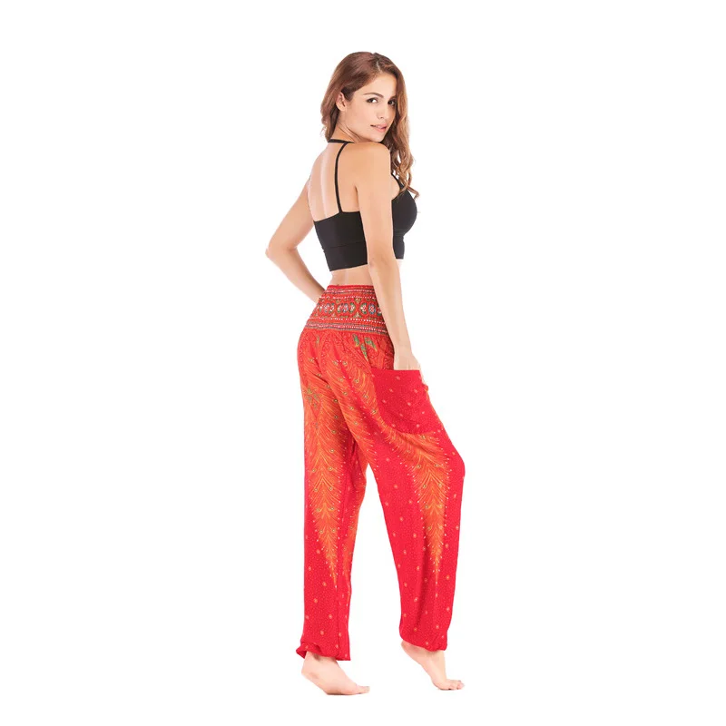 Women Casual Thai Harem Pants Baggy Boho Loose Printed Summer Beach Workout Pants Female Wide Leg High Waist Lantern Trousers