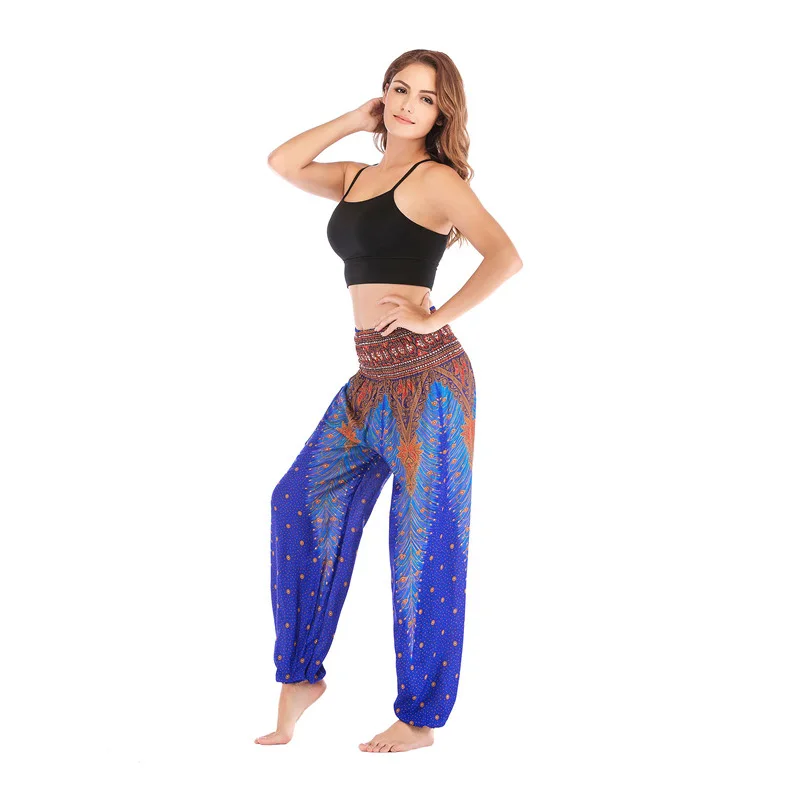 Women Casual Thai Harem Pants Baggy Boho Loose Printed Summer Beach Workout Pants Female Wide Leg High Waist Lantern Trousers