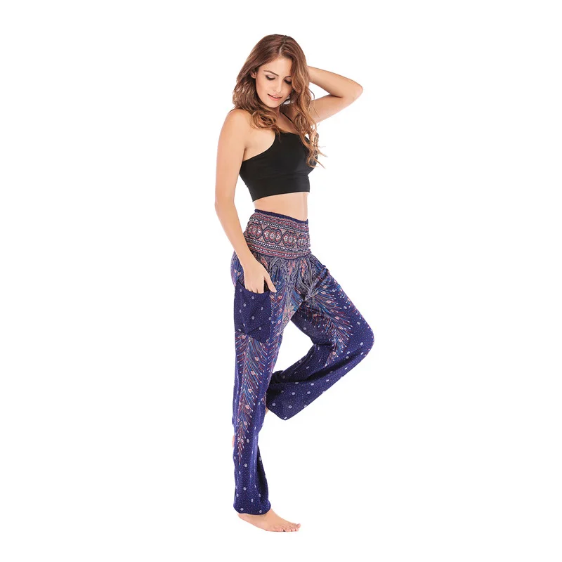Women Casual Thai Harem Pants Baggy Boho Loose Printed Summer Beach Workout Pants Female Wide Leg High Waist Lantern Trousers