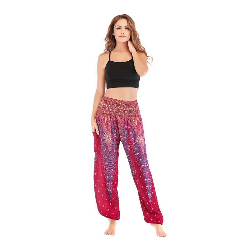 Women Casual Thai Harem Pants Baggy Boho Loose Printed Summer Beach Workout Pants Female Wide Leg High Waist Lantern Trousers