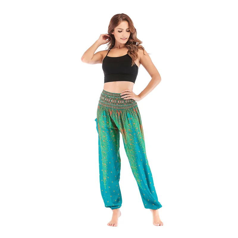 Women Casual Thai Harem Pants Baggy Boho Loose Printed Summer Beach Workout Pants Female Wide Leg High Waist Lantern Trousers