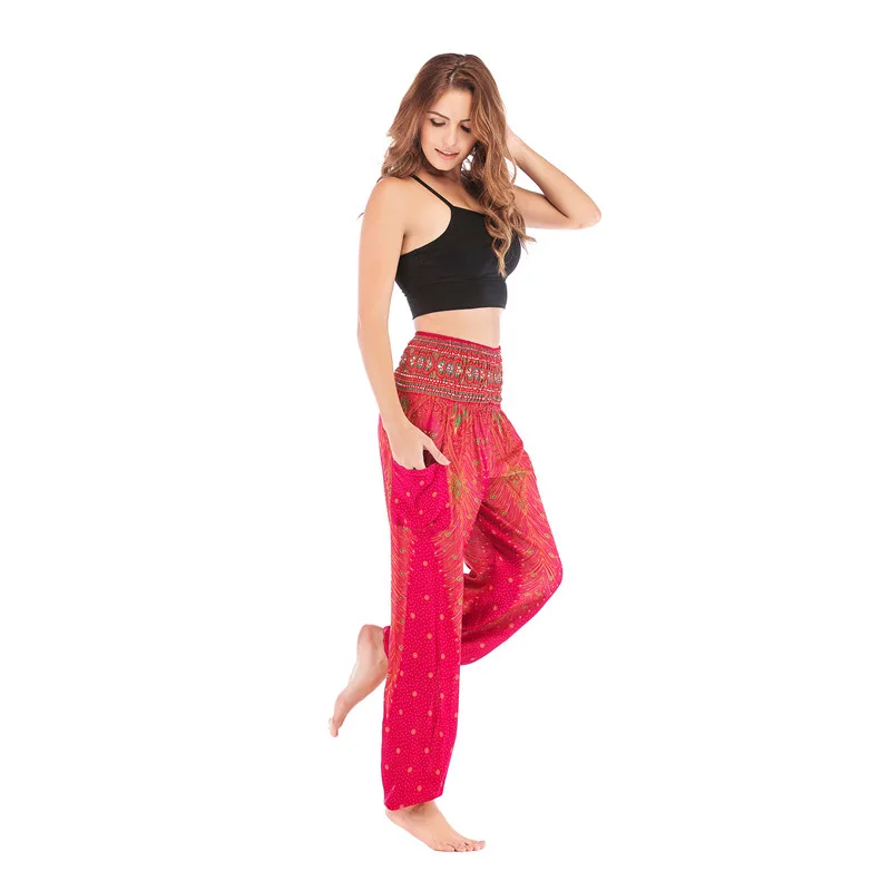 Women Casual Thai Harem Pants Baggy Boho Loose Printed Summer Beach Workout Pants Female Wide Leg High Waist Lantern Trousers
